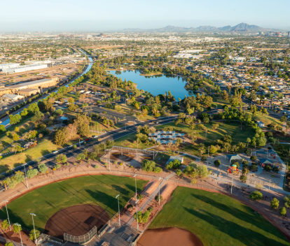 Aerial photo of Kiwanis Park, baseball fields and playground.