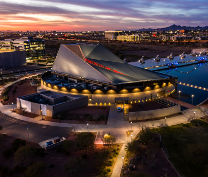 Aerial photo of Tempe Center for the Arts at sunset